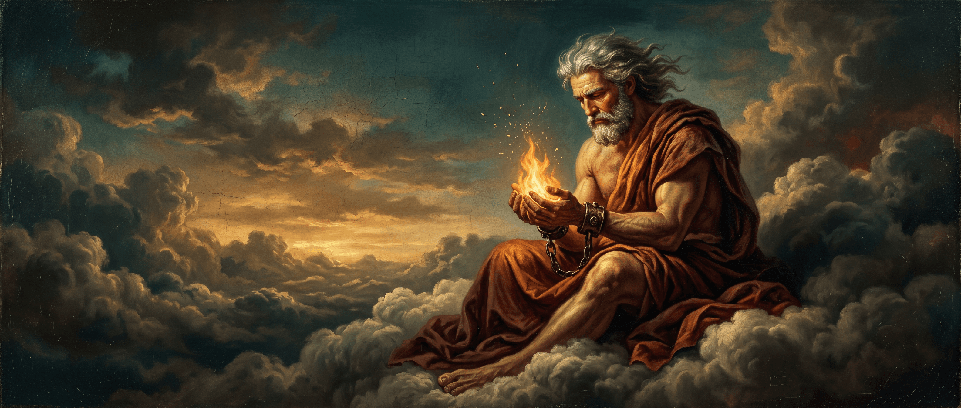 Oil painting of Prometheus, the Greek titan who stole fire from the gods and gave it to humanity. Draped in terracotta robes among dark storm clouds, he cradles a bright flame in cupped hands; a broken chain hangs from his wrist. For MadeFire, the flame stands for artificial intelligence: a capability of immense creative power, wrested from scarcity and put to work for anyone bold enough to wield it.